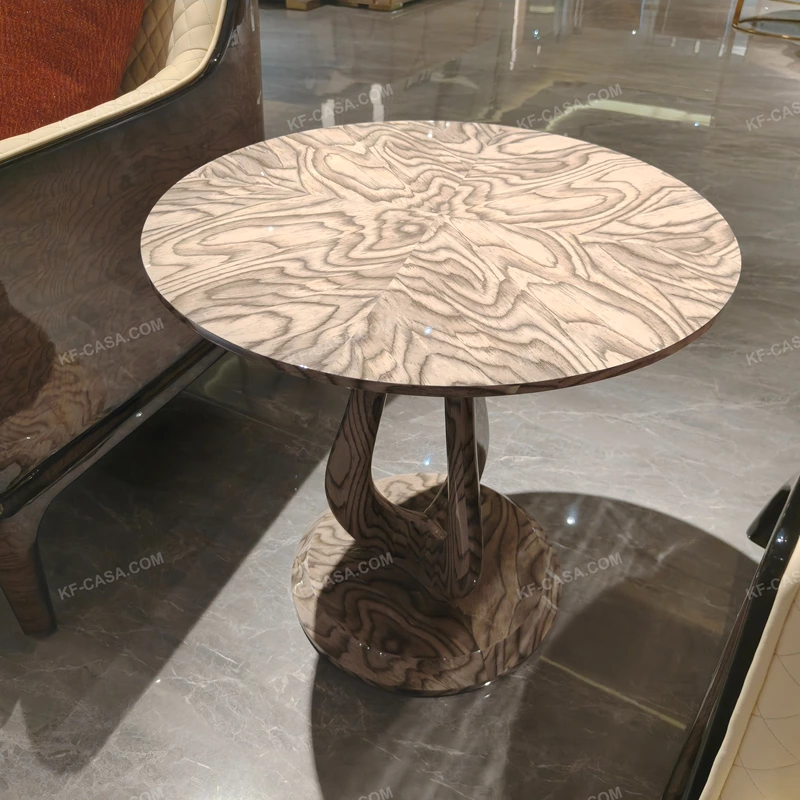 Round Sofa Side Table with Radial Natural Wood Veneer Top Sculptural Loop Pedestal and Circular Base